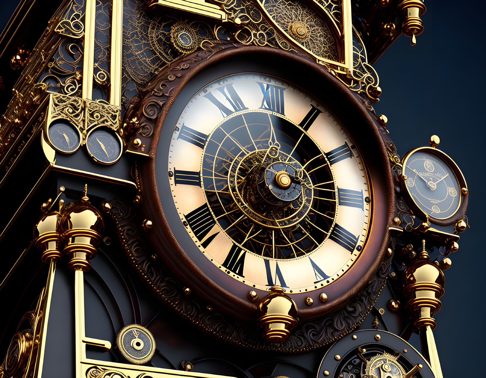 Golden gears and intricate patterns on ornate clock against dark backdrop