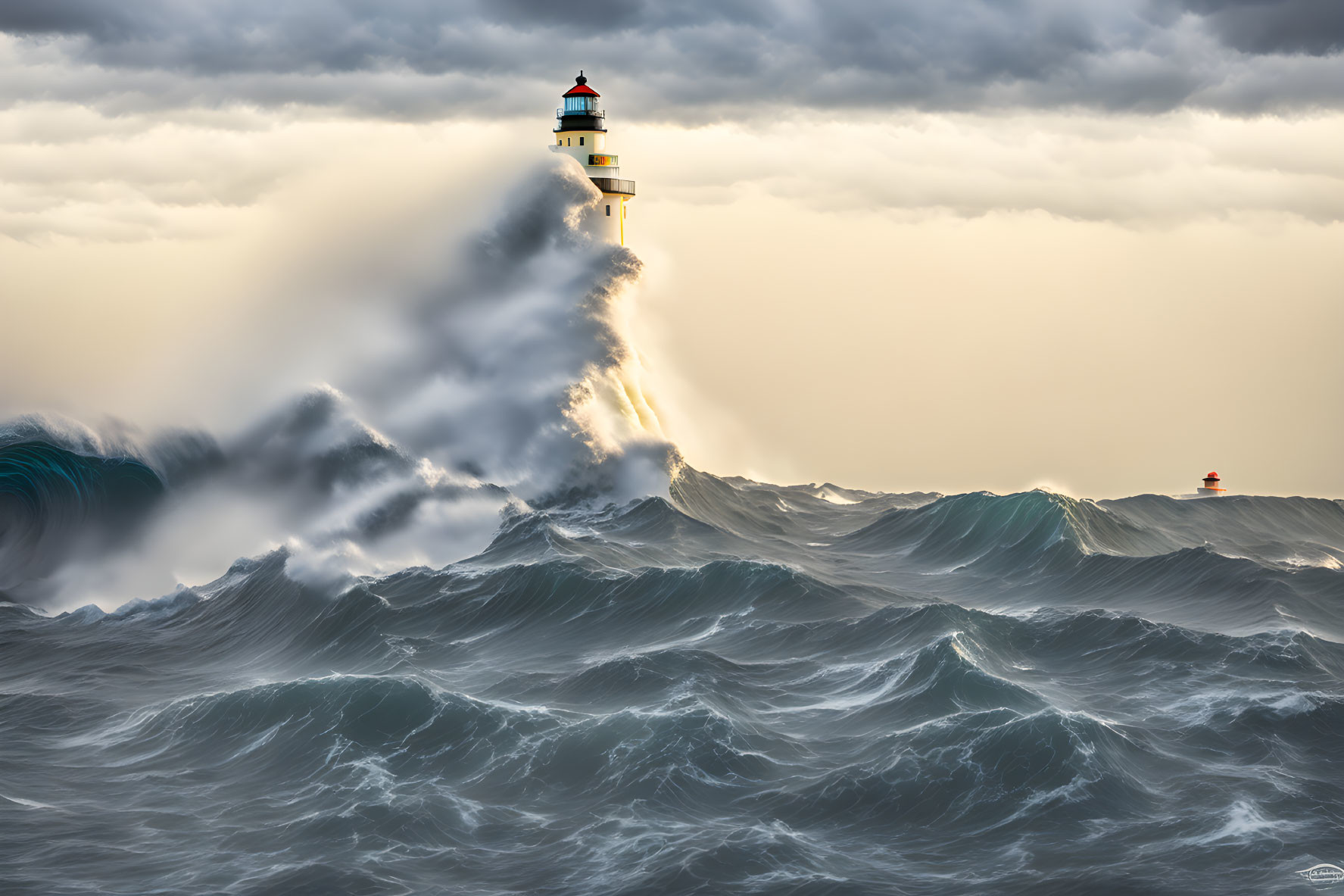 Dramatic lighthouse scene with turbulent waves and cloudy sky