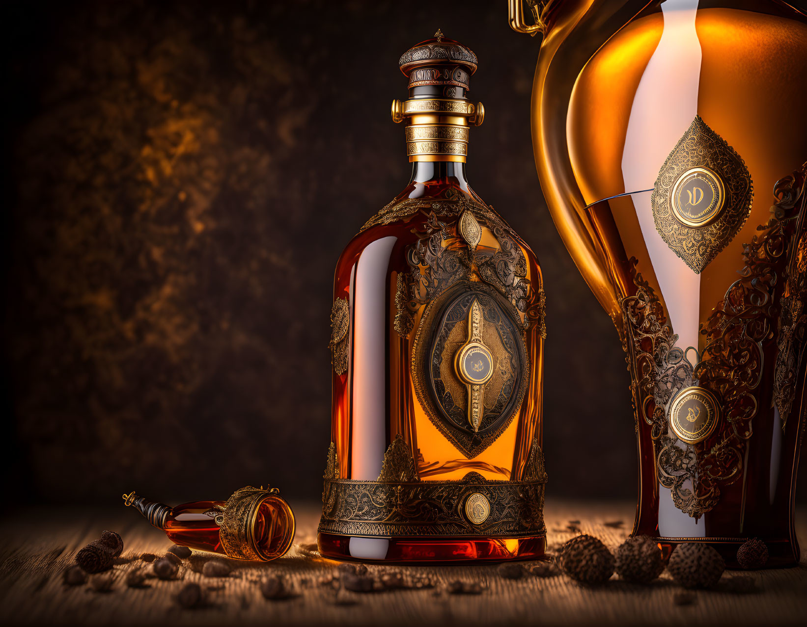 Ornate whiskey bottle with metal embellishments on rustic background