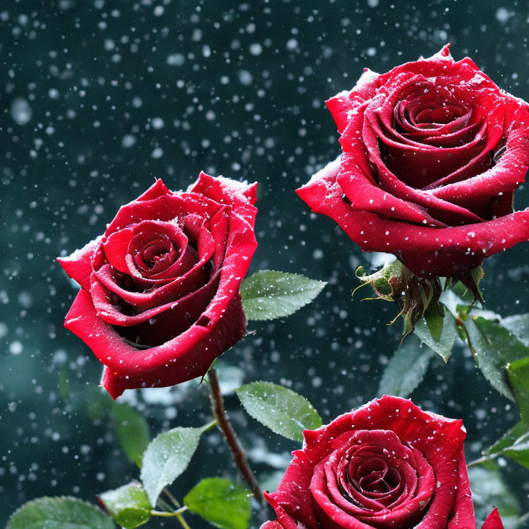 Three vibrant red roses with snowflakes on petals in falling snow