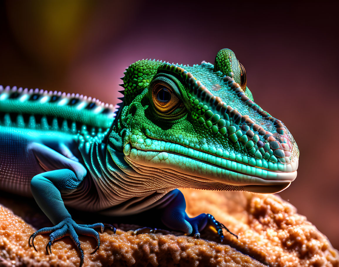 Vibrant green and blue lizard with textured skin and yellow eyes on rough surface