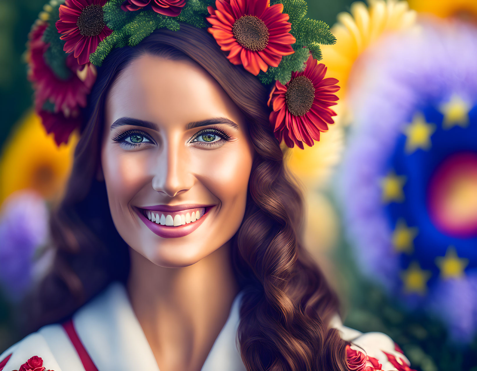 Smiling woman with floral wreath and colorful background