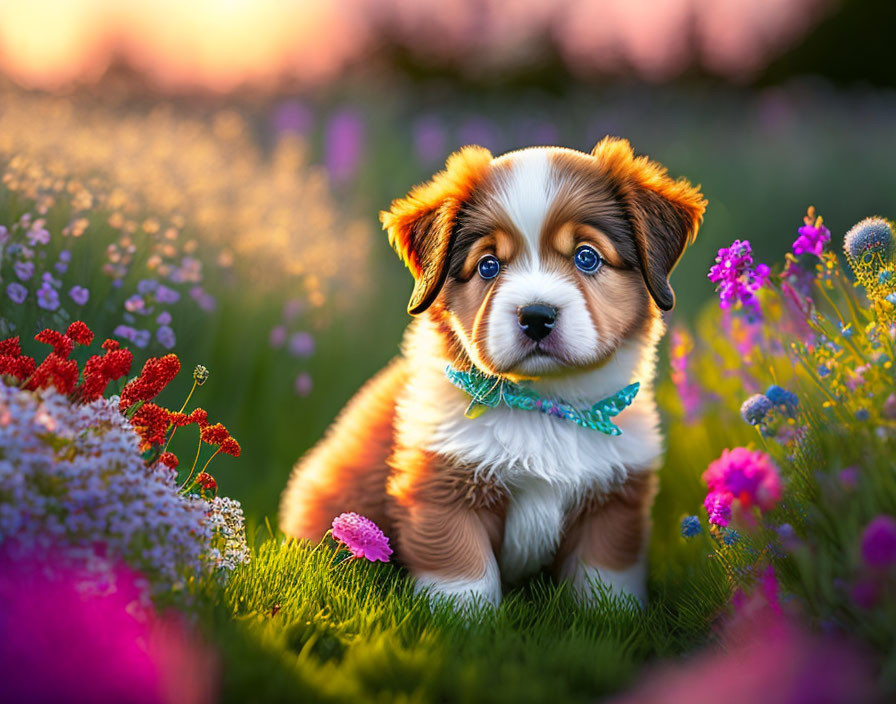 Tricolor puppy in wildflowers during golden hour