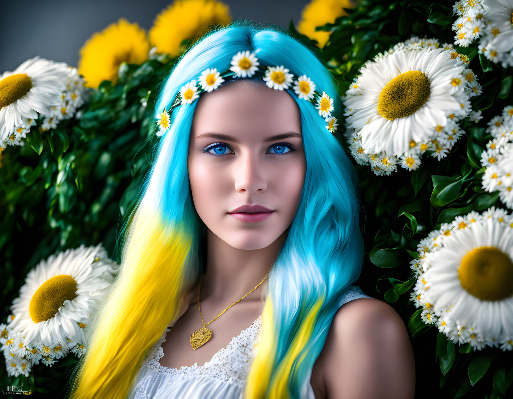 Woman with Blue Hair and Daisy Headband in Greenery with White Daisies