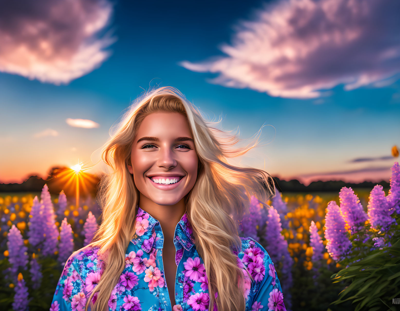 Blonde woman in purple flower field at sunset