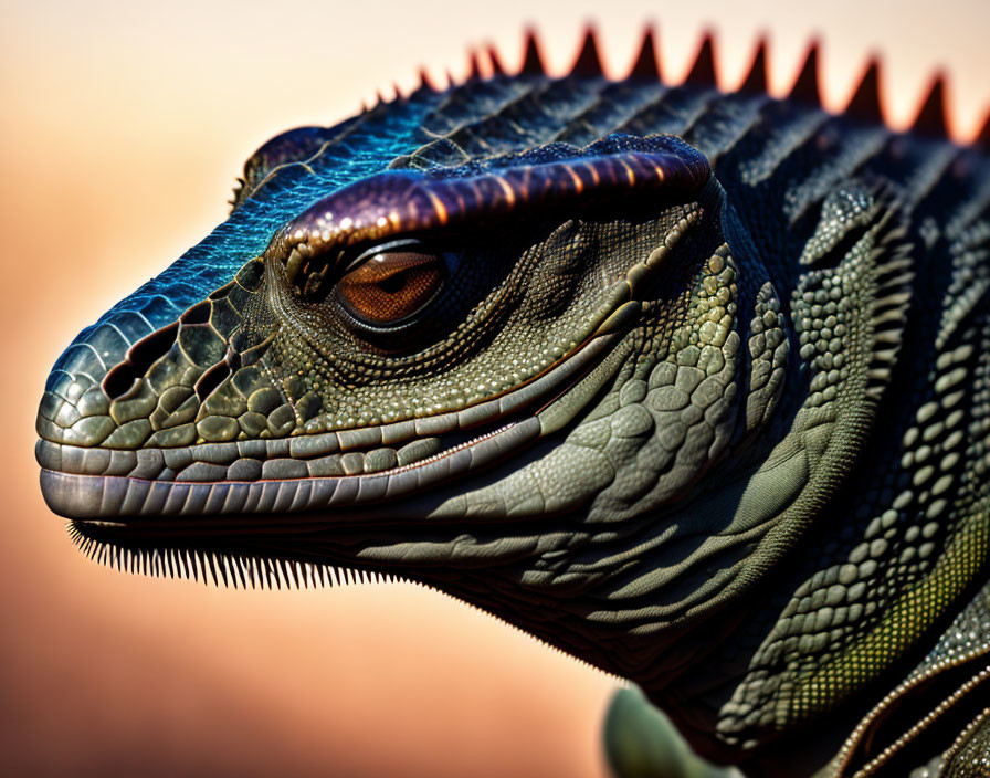 Detailed colorful iguana with intricate scales and sharp eye.