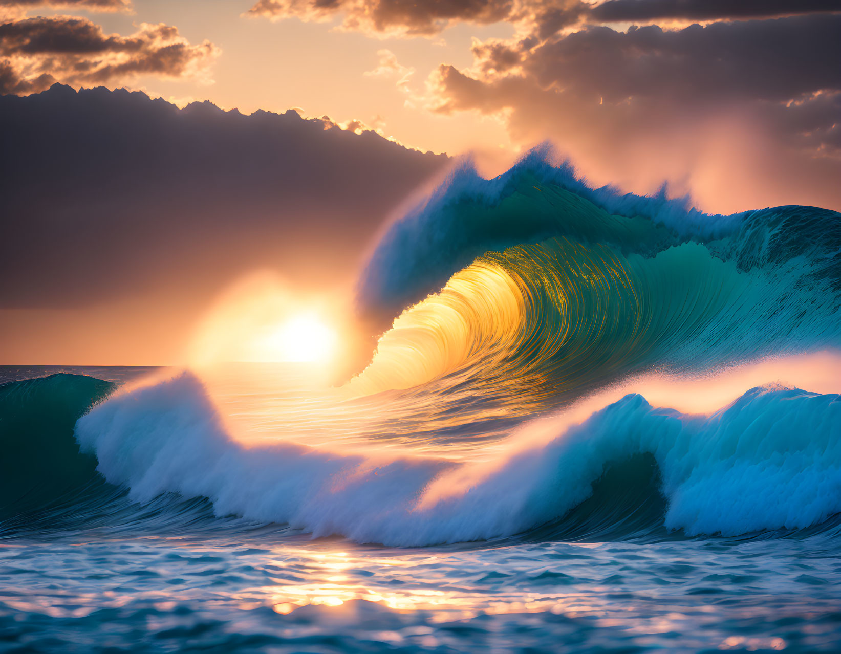 Vibrant sunset illuminates curling ocean wave with blue tones against golden sky.