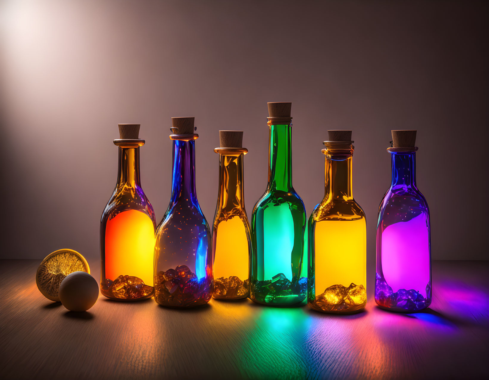 Row of Colorful Illuminated Glass Bottles with Two Balls on Table