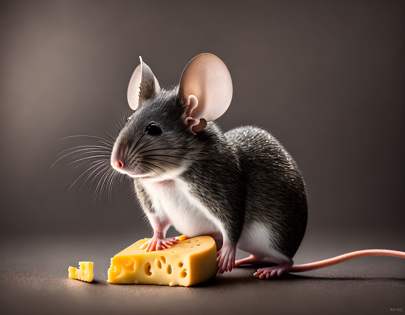 Realistic mouse illustration with large round ears next to yellow Swiss cheese