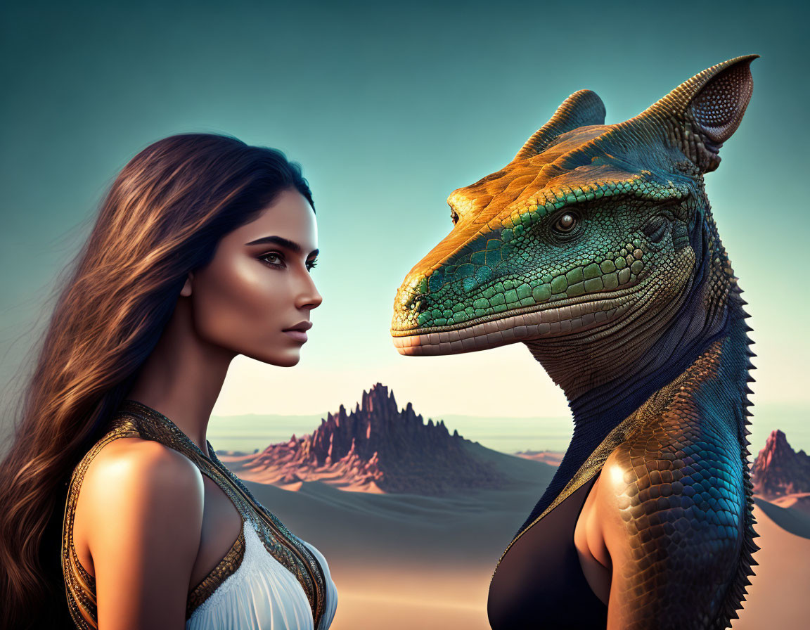 Realistic CGI dinosaur faces woman in desert scene