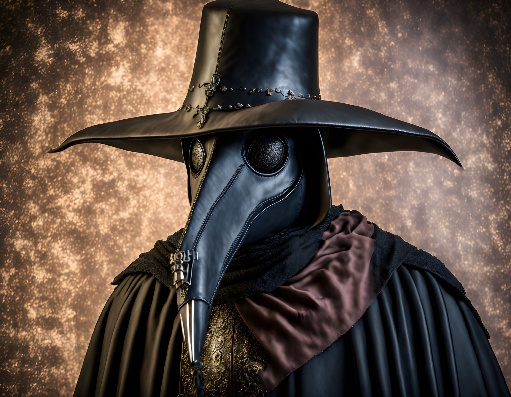 Plague Doctor Costume with Beaked Mask on Golden Background