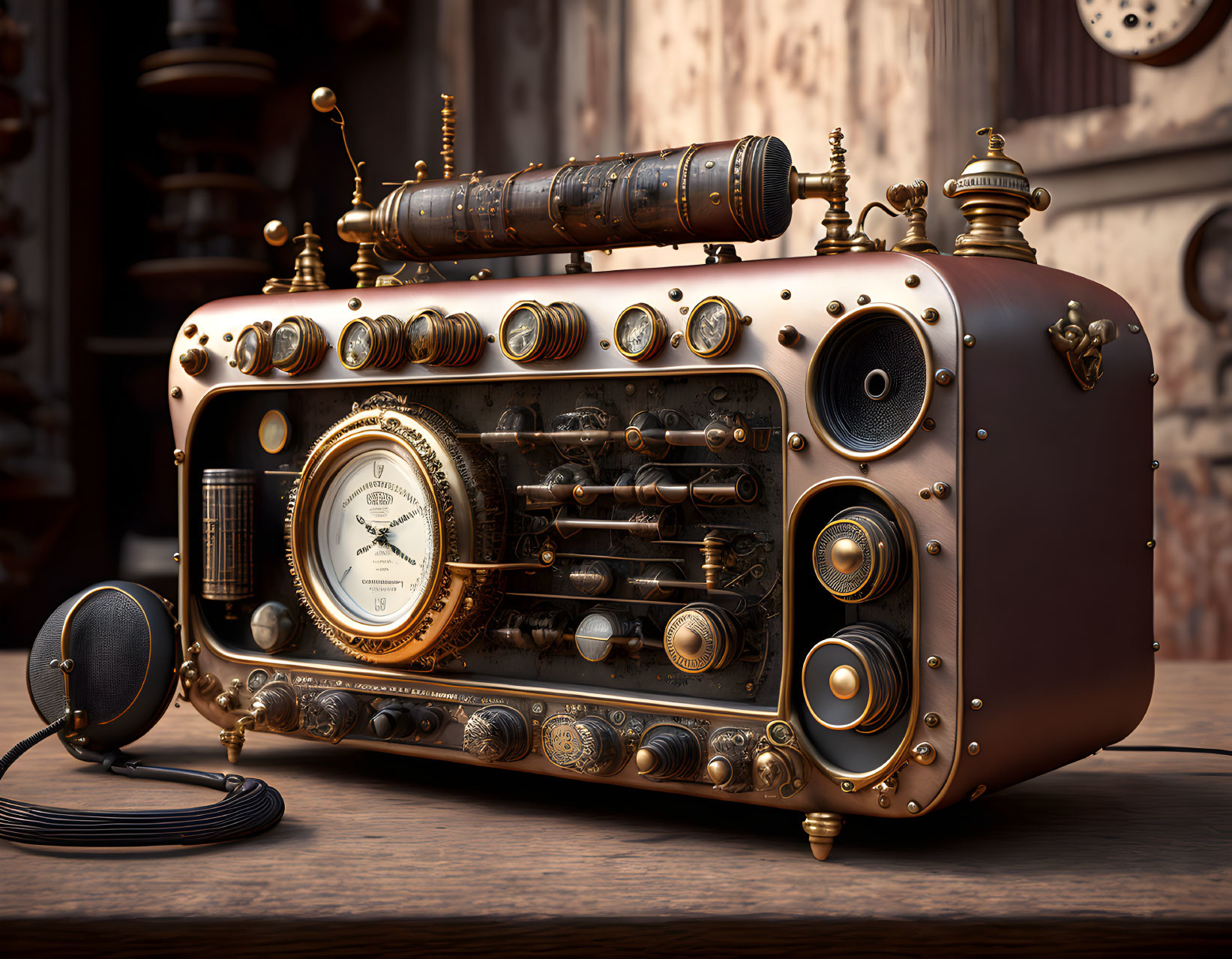 Vintage Steampunk-Style Radio with Brass Accents, Gauges, Dials, and Classic