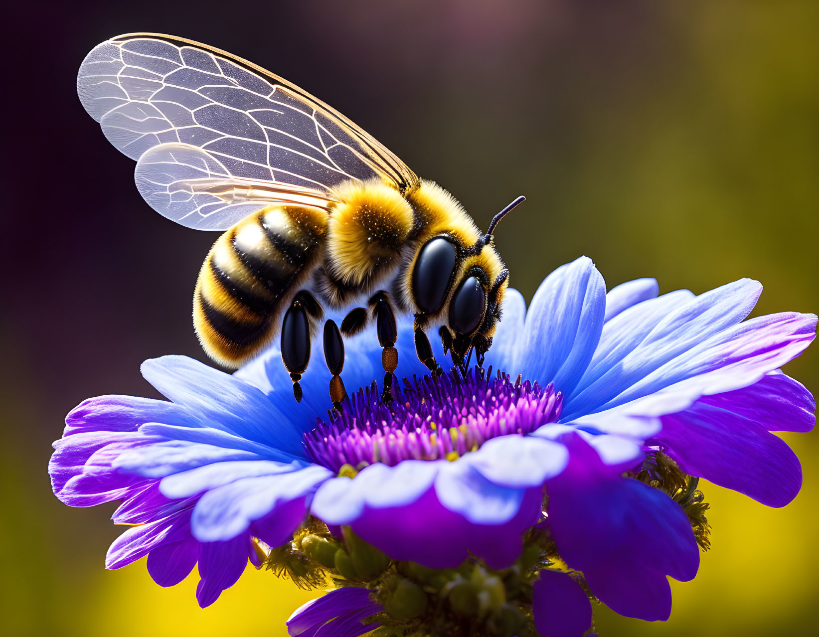 Detailed Close-Up of Bee with Translucent Wings on Vibrant Blue and Purple Flower