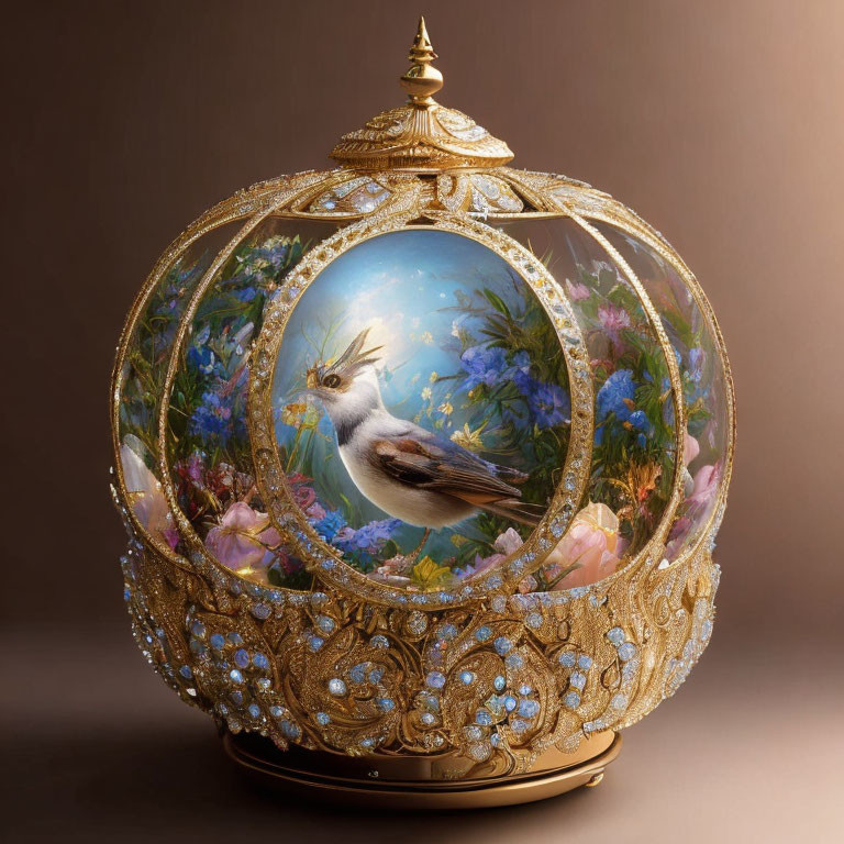 Golden Egg with Jeweled Details and Painted Bird in Clear Window