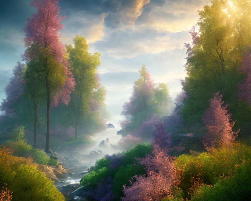 Tranquil landscape with river, flowering trees, and sunrise