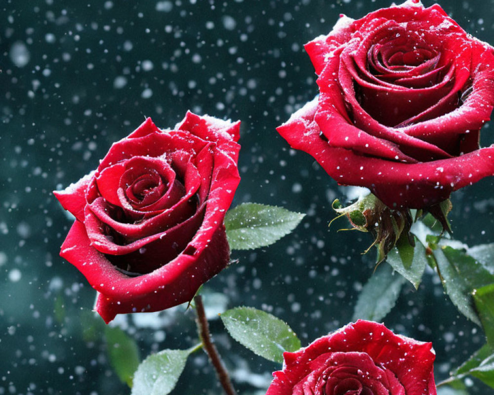 Three vibrant red roses with snowflakes on petals in falling snow