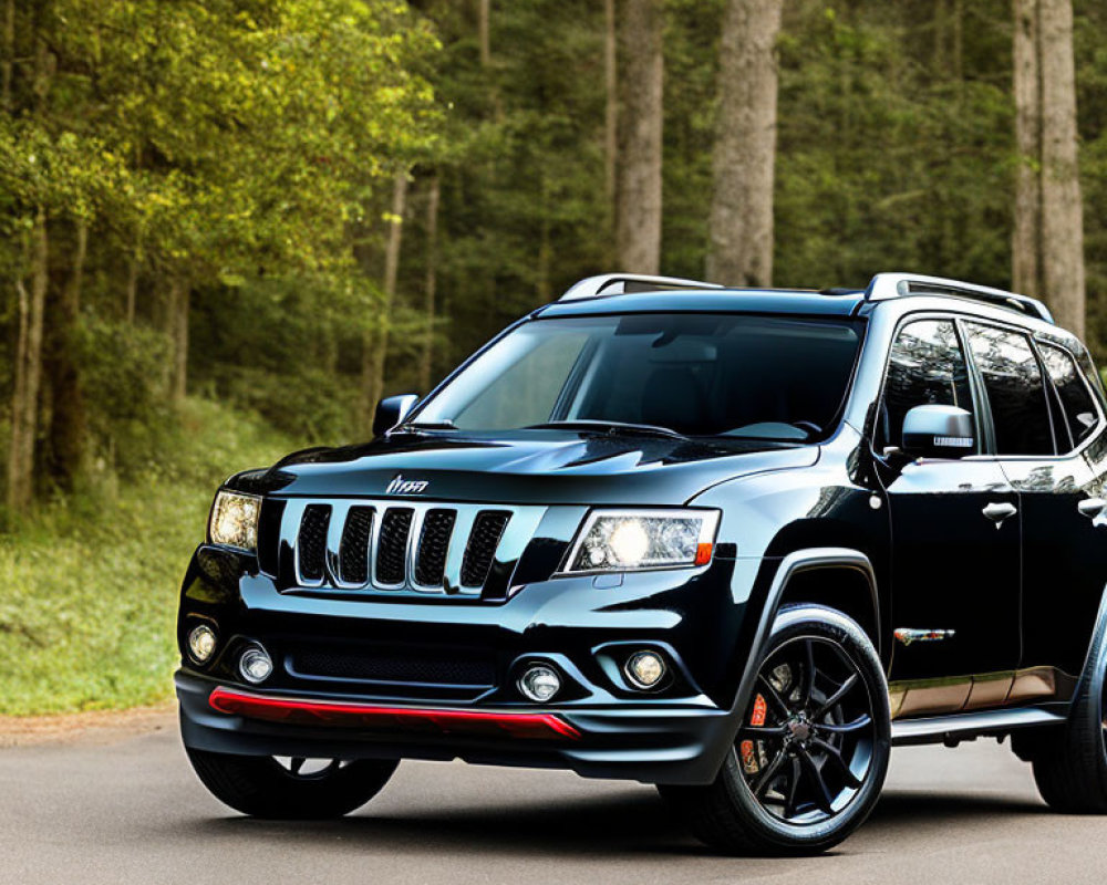 Black Jeep Grand Cherokee with Red Trim Driving on Forest-Lined Road