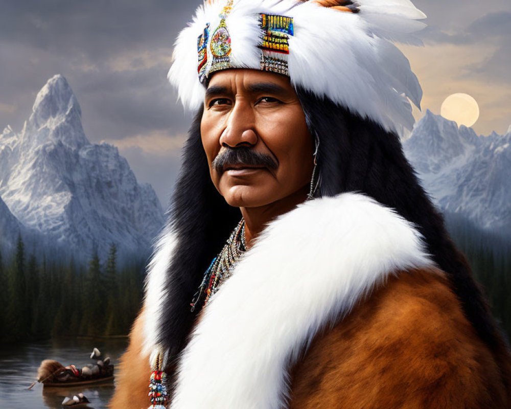 Man in Native American headdress by river and mountains