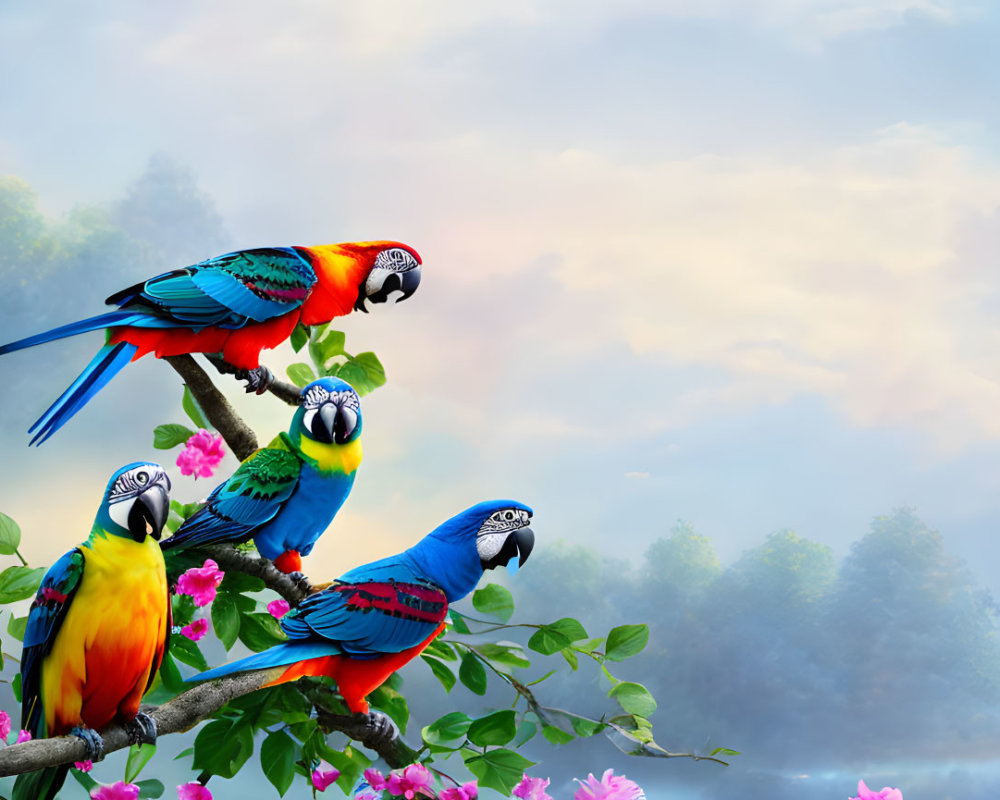 Vibrant macaws on tree branch with pink flowers in foggy forest landscape