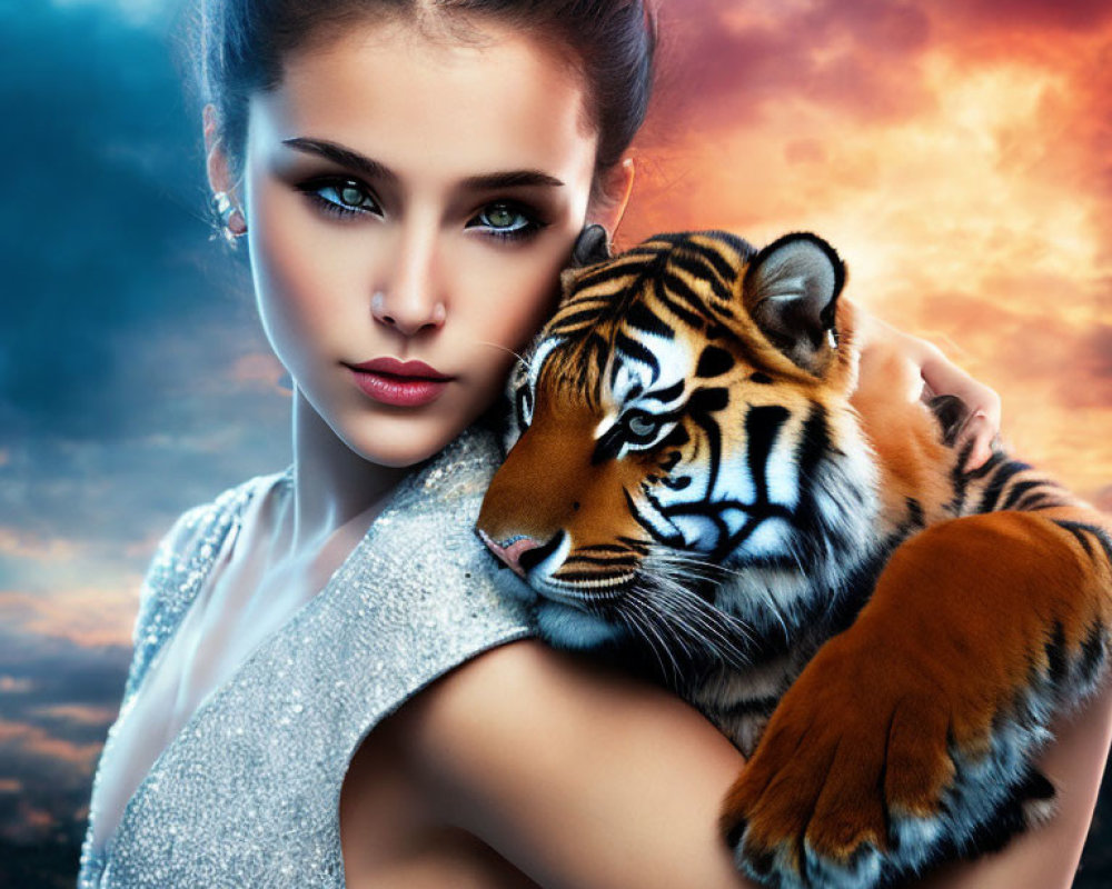 Woman cradling majestic tiger under dramatic sky