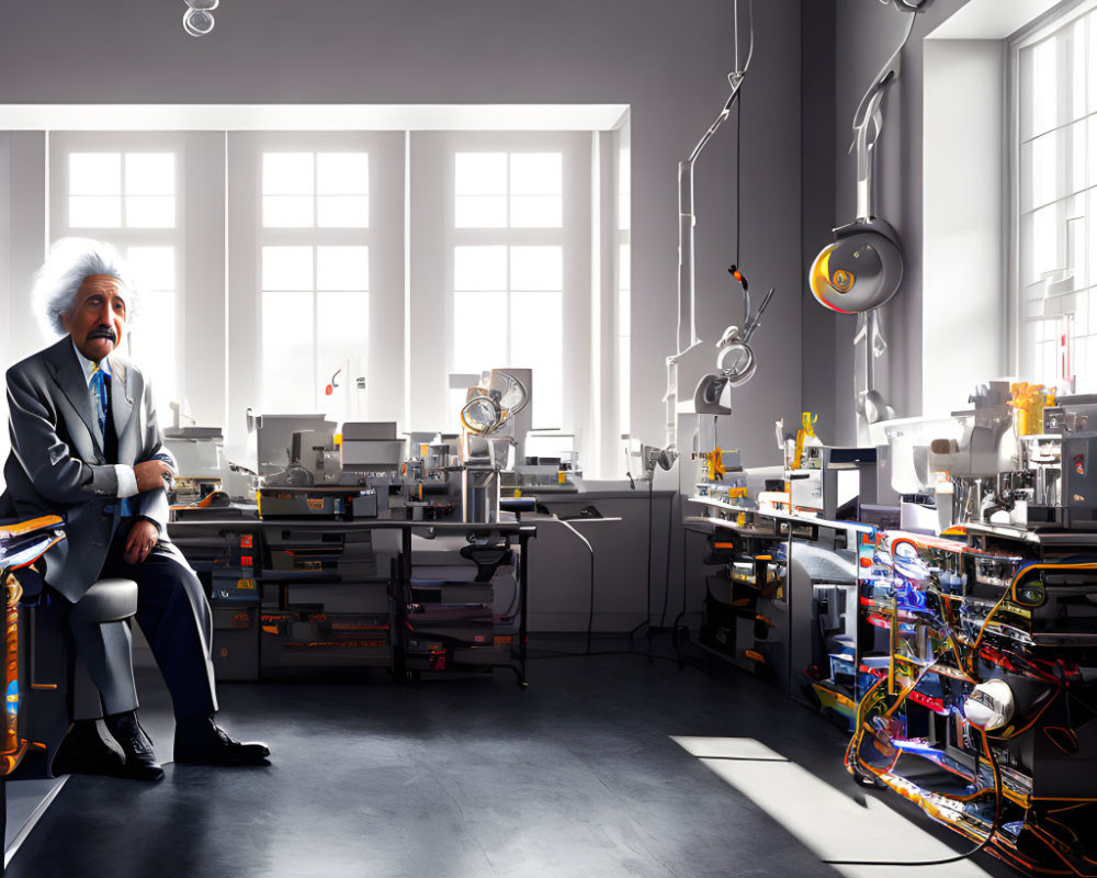 Man resembling Albert Einstein in high-tech laboratory with natural light