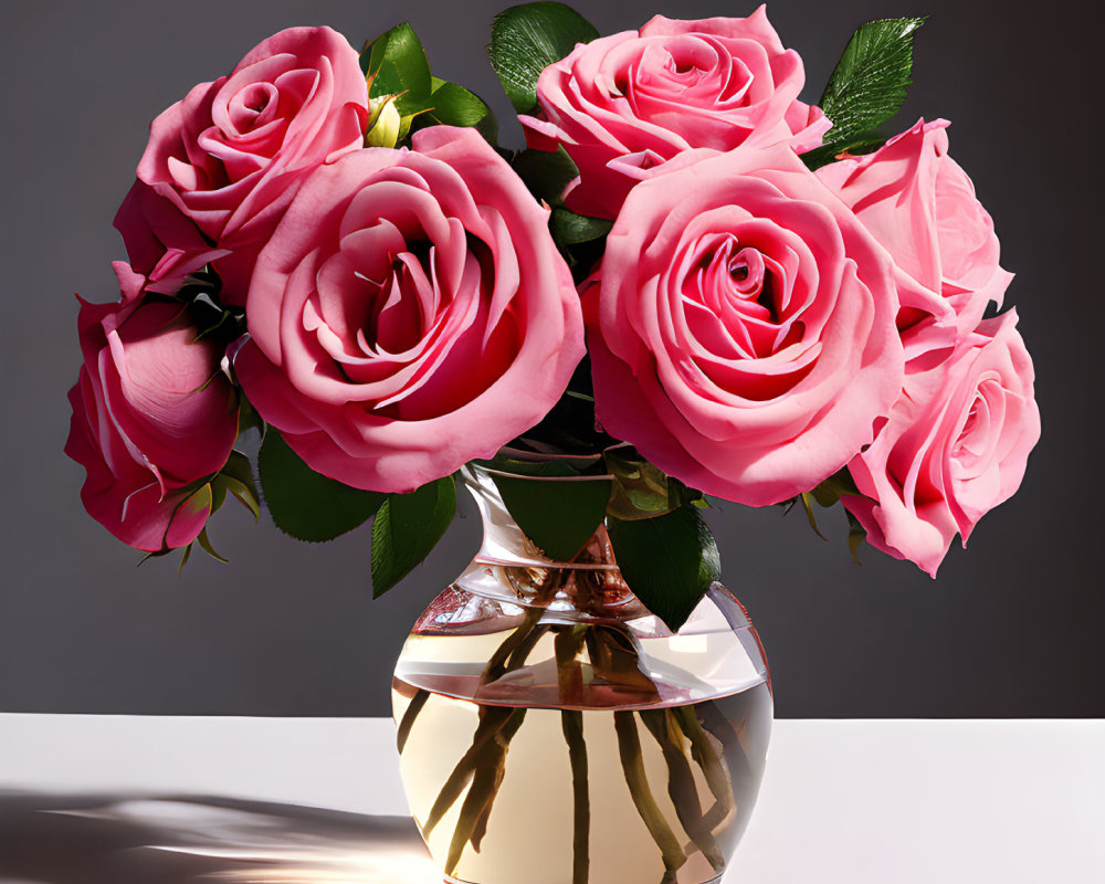 Pink Roses Bouquet in Clear Vase on Gray Background