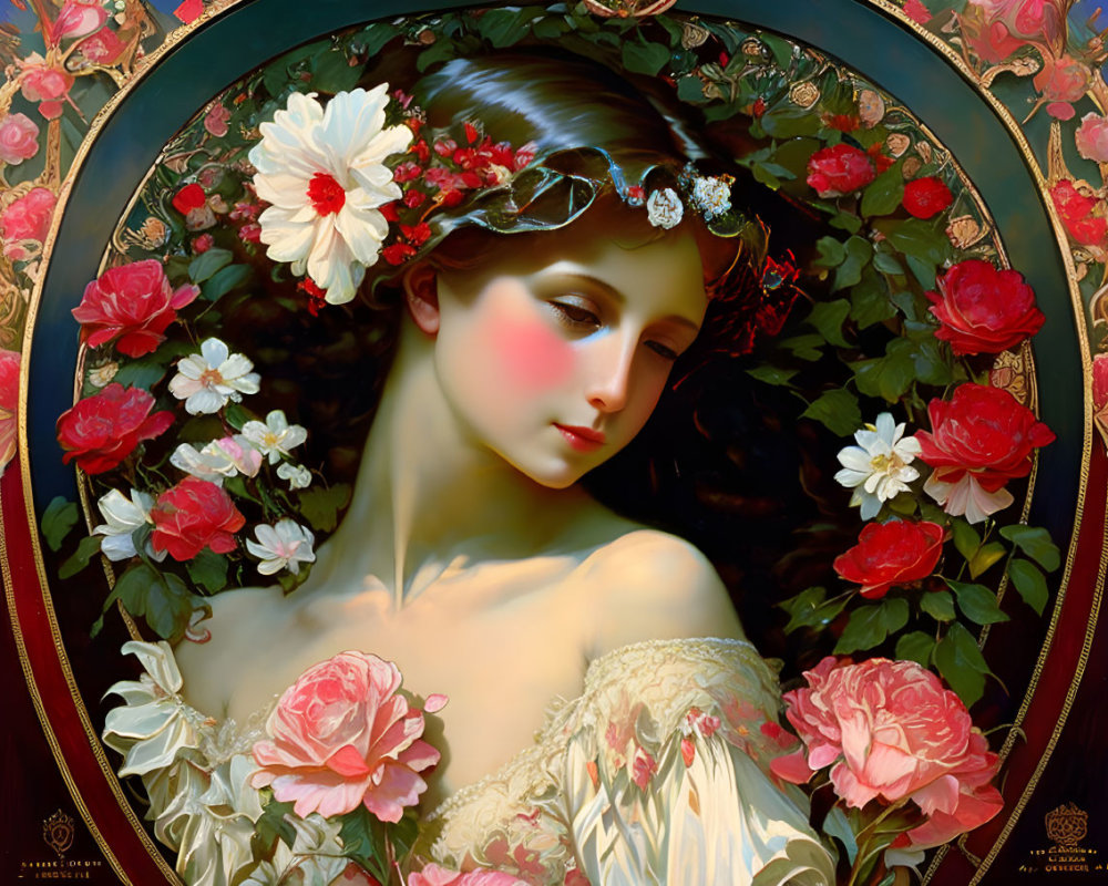 Portrait of Woman with Delicate Features Surrounded by Red and Pink Roses