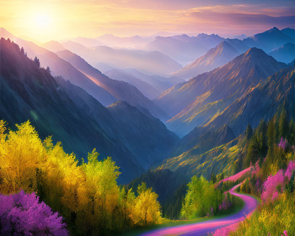 Scenic winding road through colorful hills and layered mountains at sunset