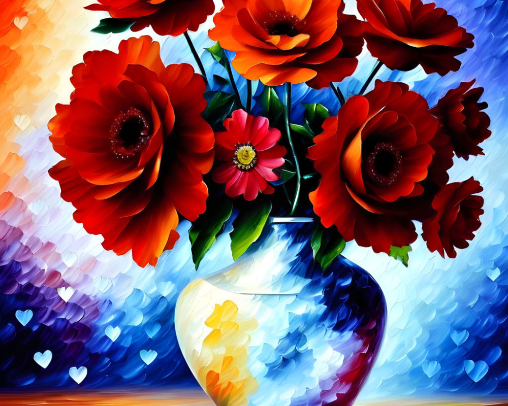 Colorful Digital Painting: Red-Orange Flowers in Blue Vase