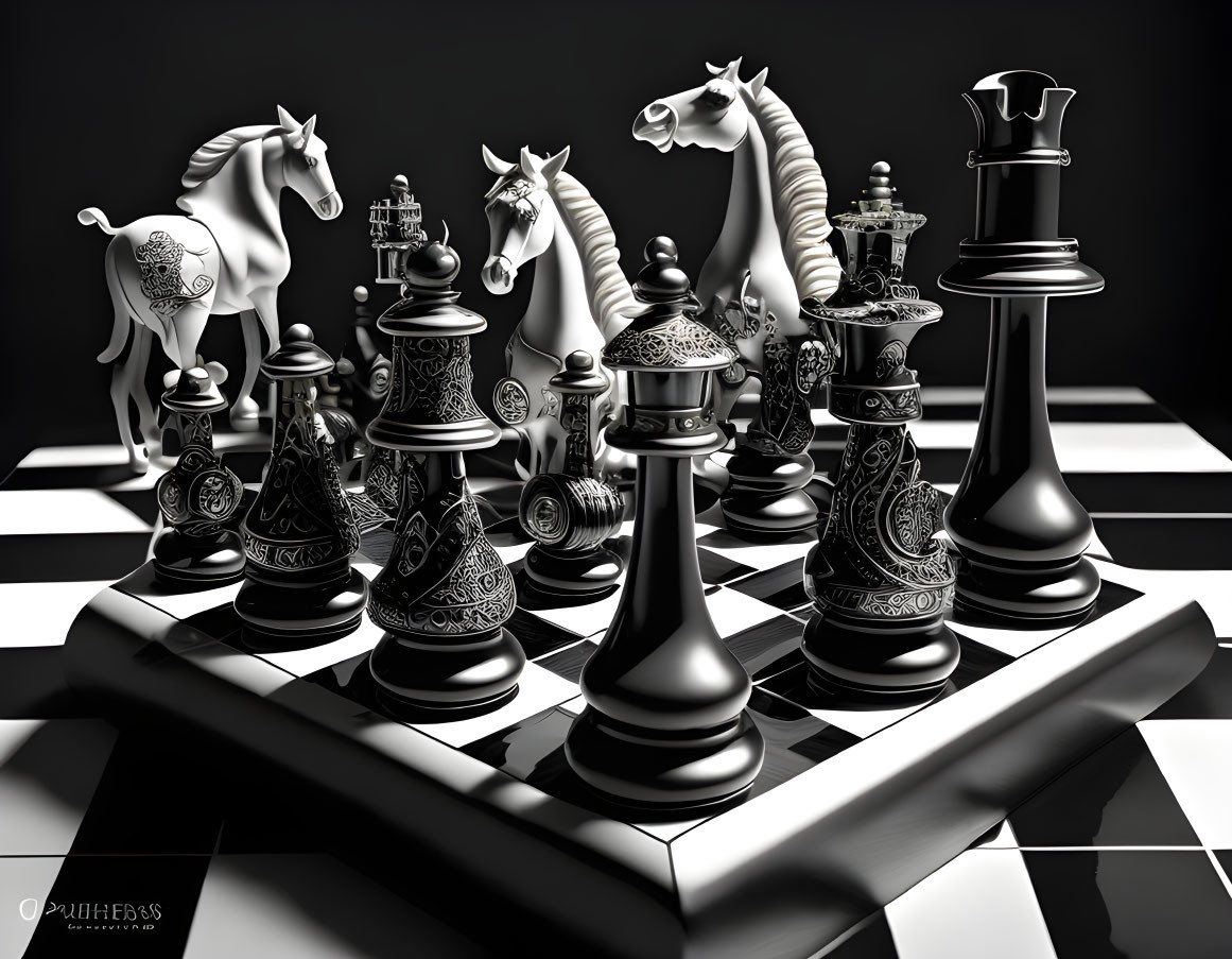 Detailed Black & White 3D Chess Set with Ornate Horse & Rook Pieces