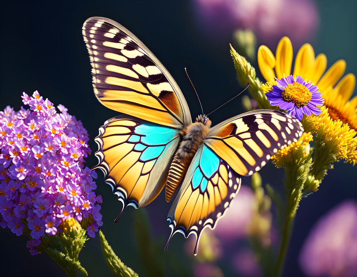 Colorful Butterfly on Pink Flowers with Purple Daisies