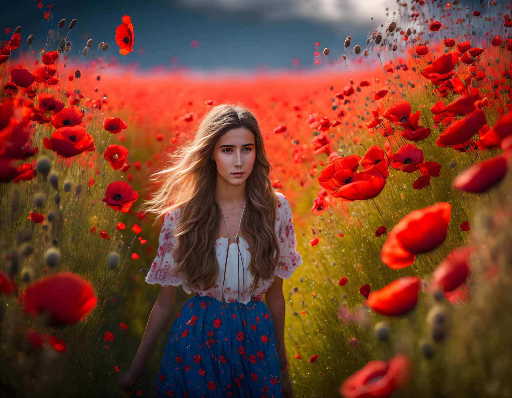 Young Woman in Vibrant Field of Red Poppies Under Cloudy Sky