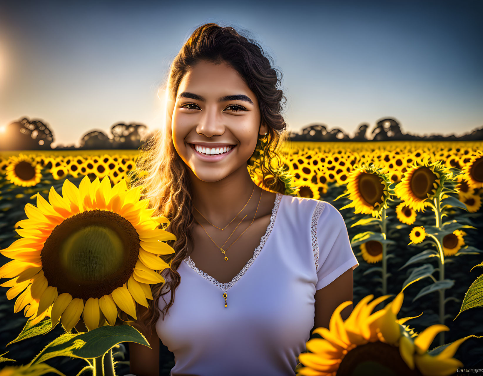 Smiling woman with long hair in sunflower field at golden hour