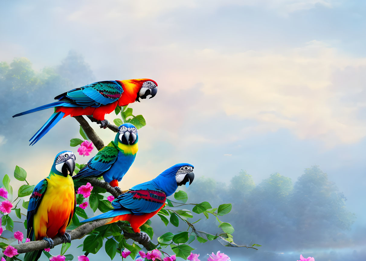 Vibrant macaws on tree branch with pink flowers in foggy forest landscape