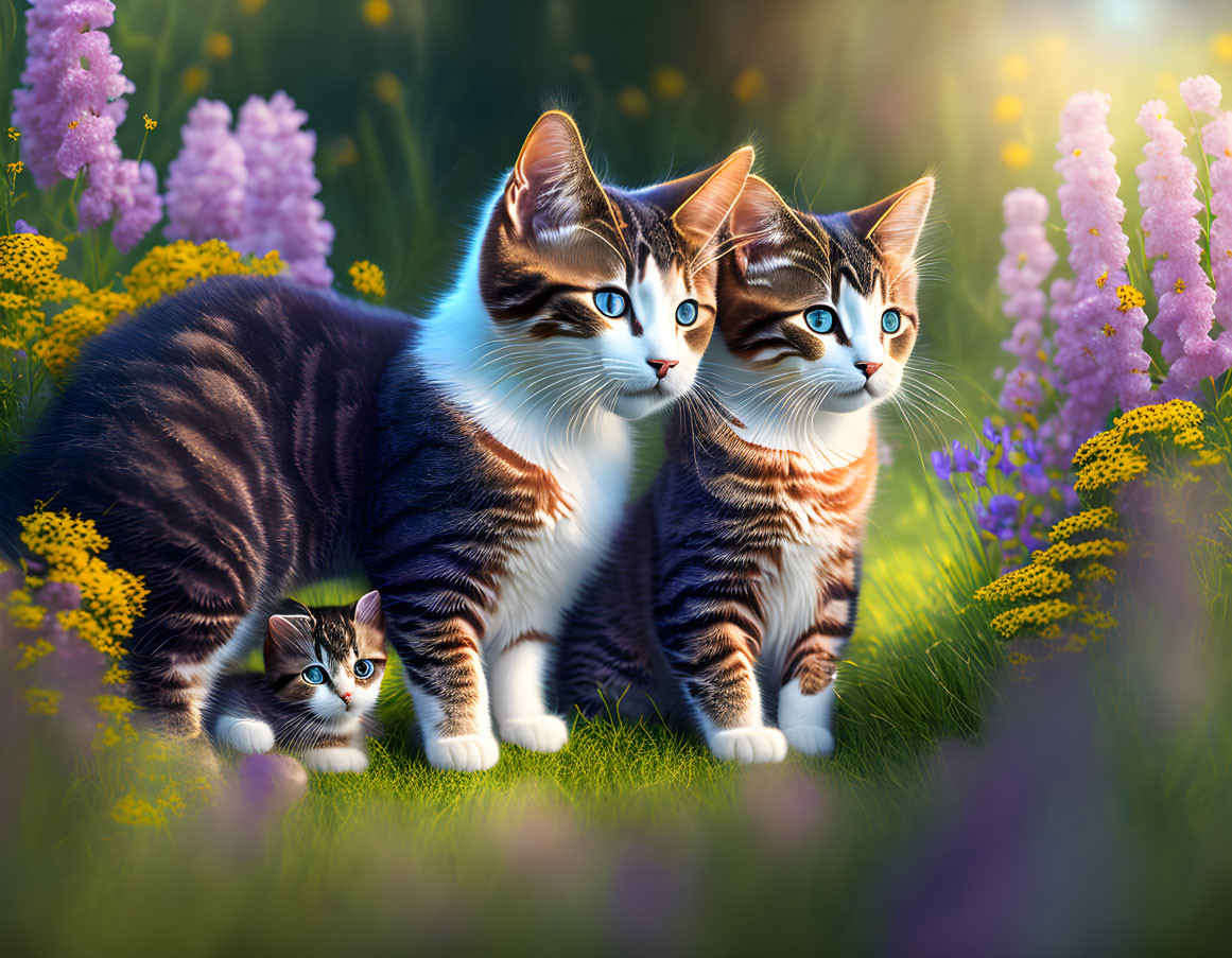 Three cats with blue eyes in floral garden scene