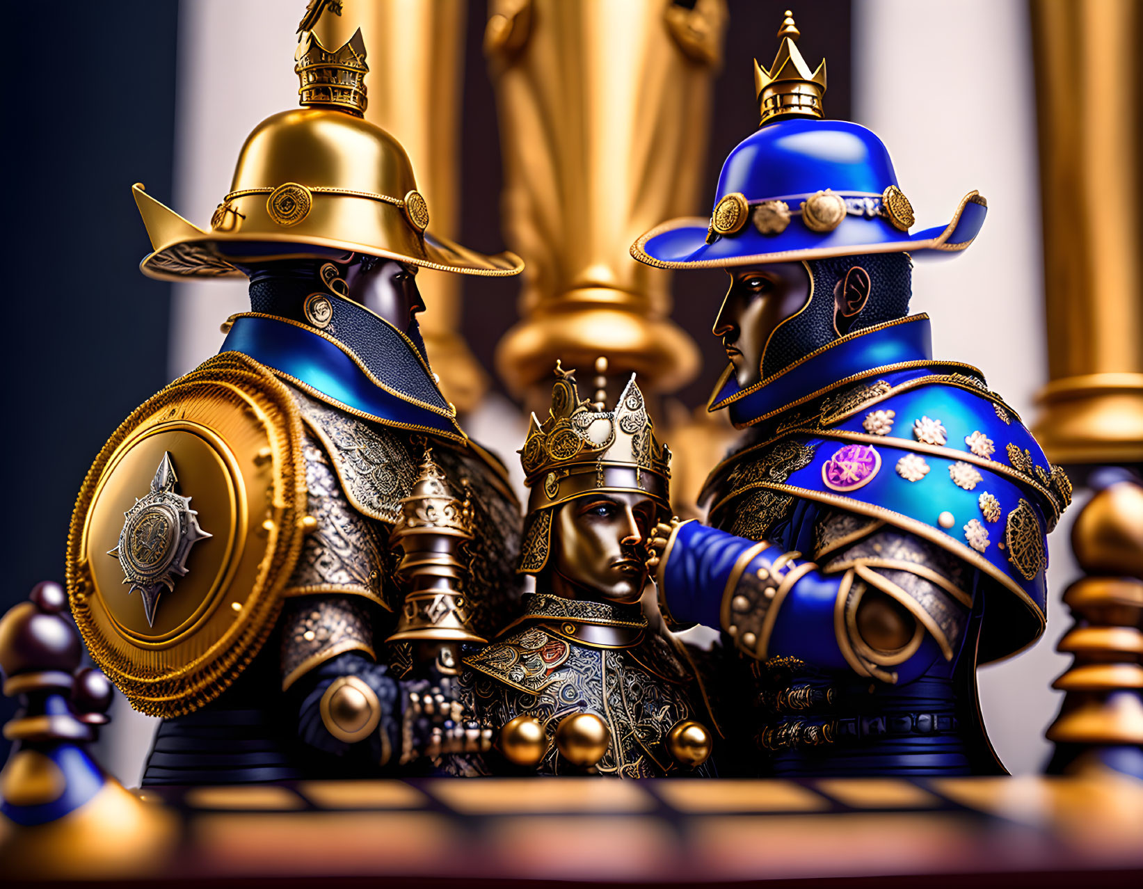 Detailed Medieval Armor & Royalty Chess Set in Golden & Blue Colors