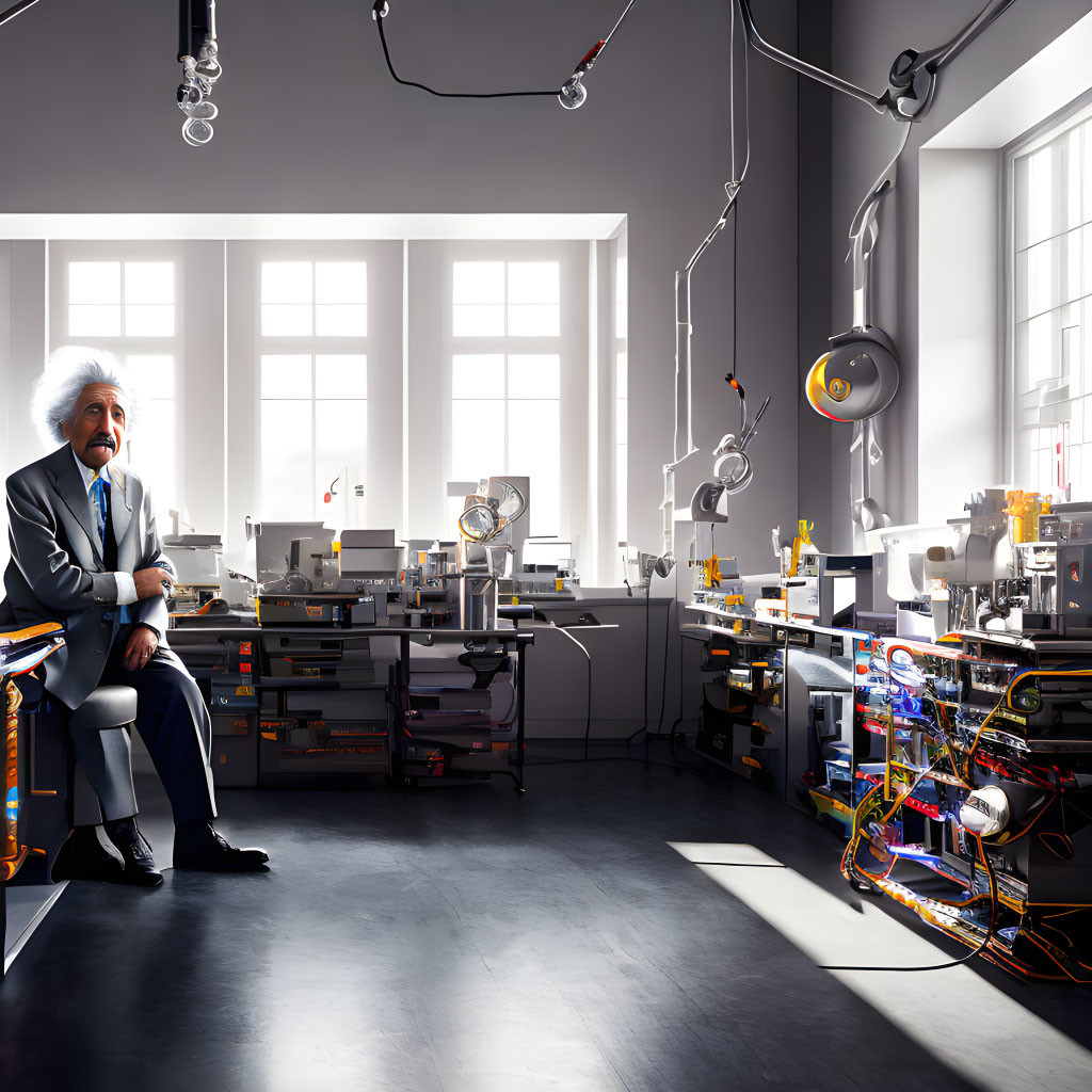 Man resembling Albert Einstein in high-tech laboratory with natural light