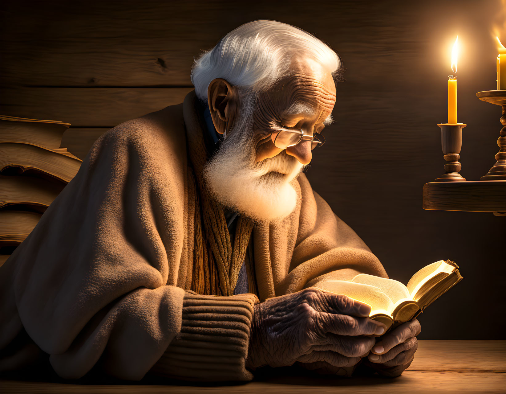 Elderly man reading book by candlelight in cozy wooden room