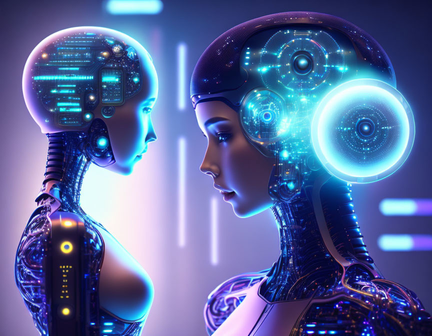 Futuristic androids with intricate head circuitry on blue-lit background