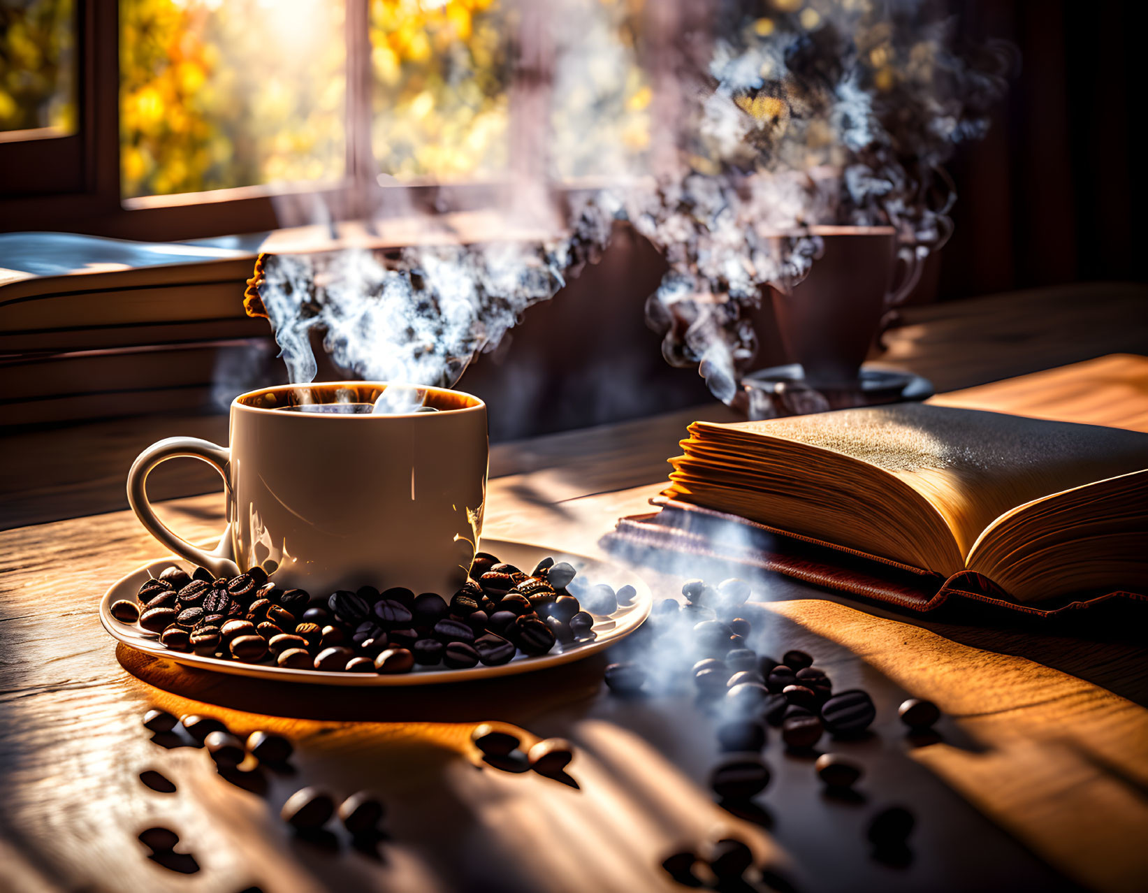 Steaming cup of coffee with beans on wooden table beside open book