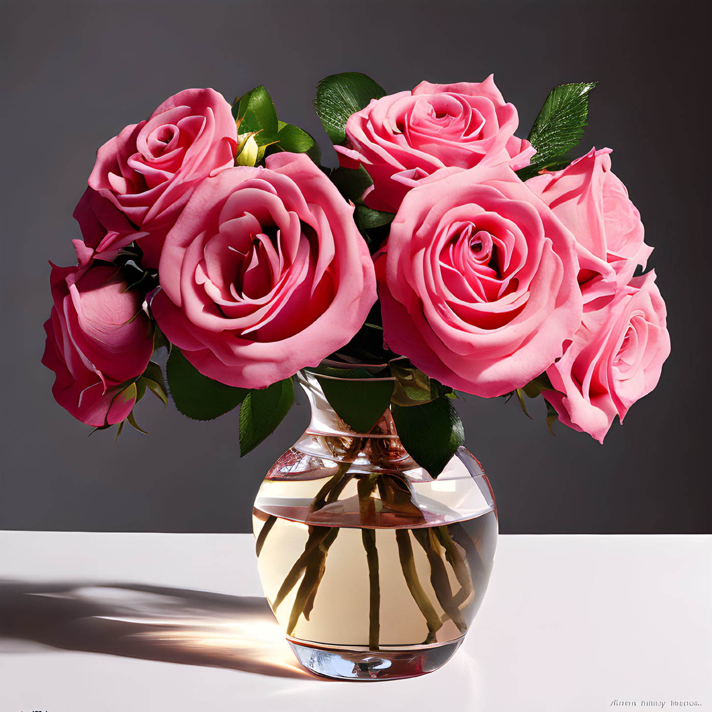 Pink Roses Bouquet in Clear Vase on Gray Background