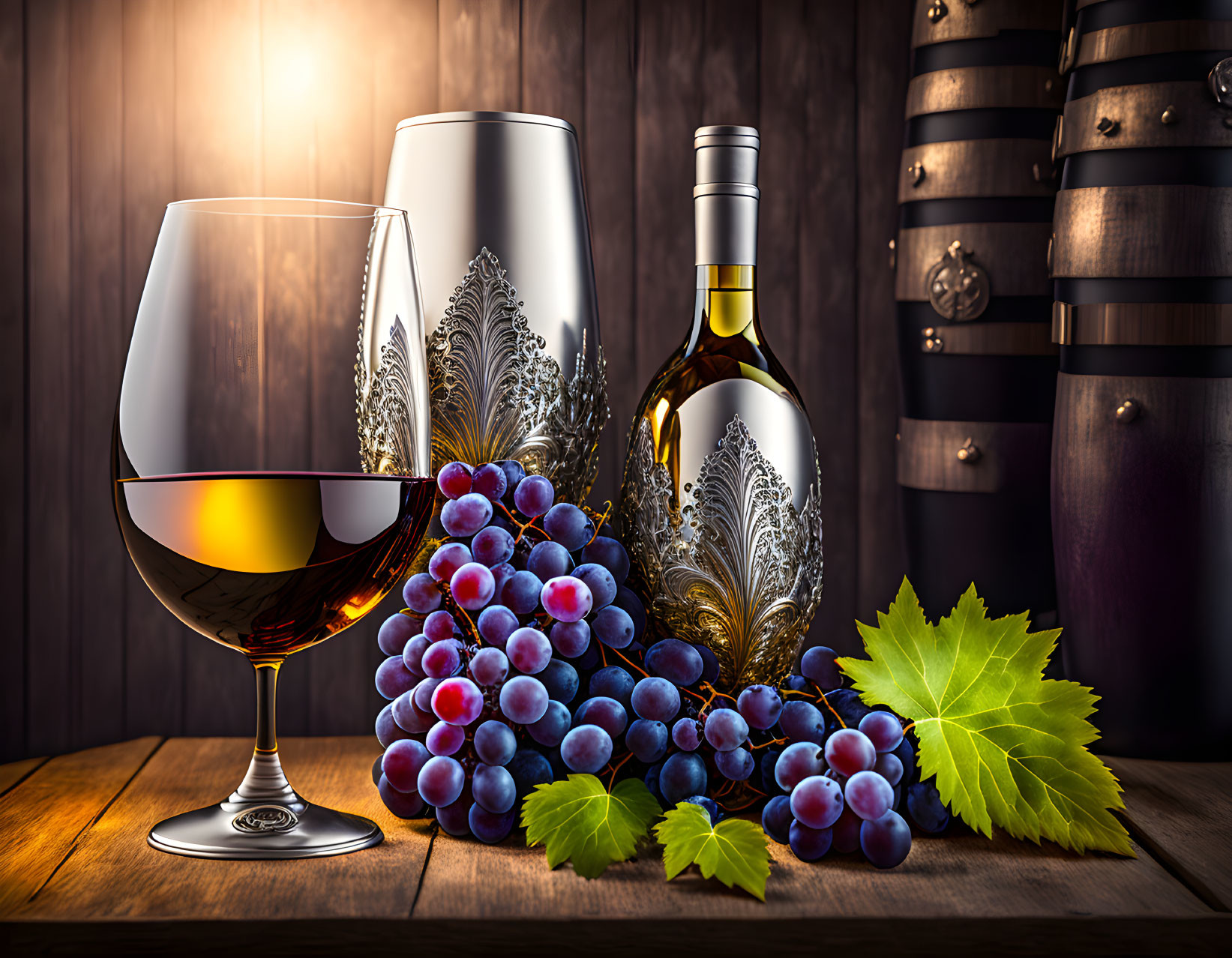 Intricately patterned wine glasses, grapes, leaves, and barrels on wooden table