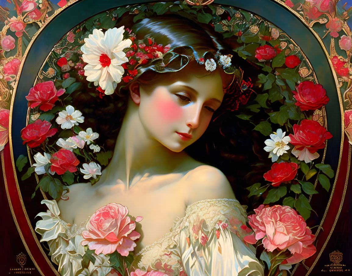 Portrait of Woman with Delicate Features Surrounded by Red and Pink Roses