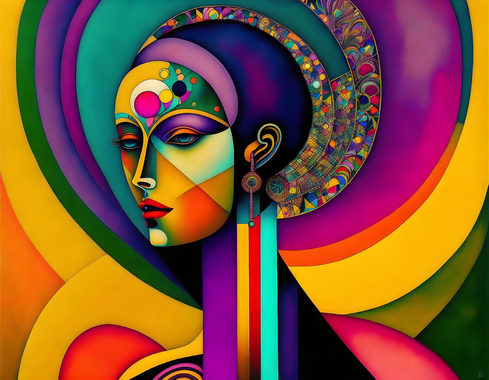 Colorful Abstract Art: Feminine Figure with Decorated Headdress