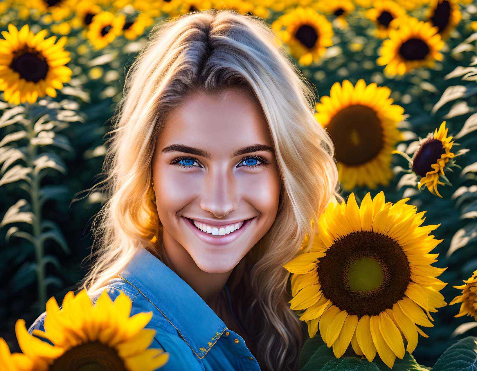 Blonde Woman Smiling in Sunflower Field at Golden Hour