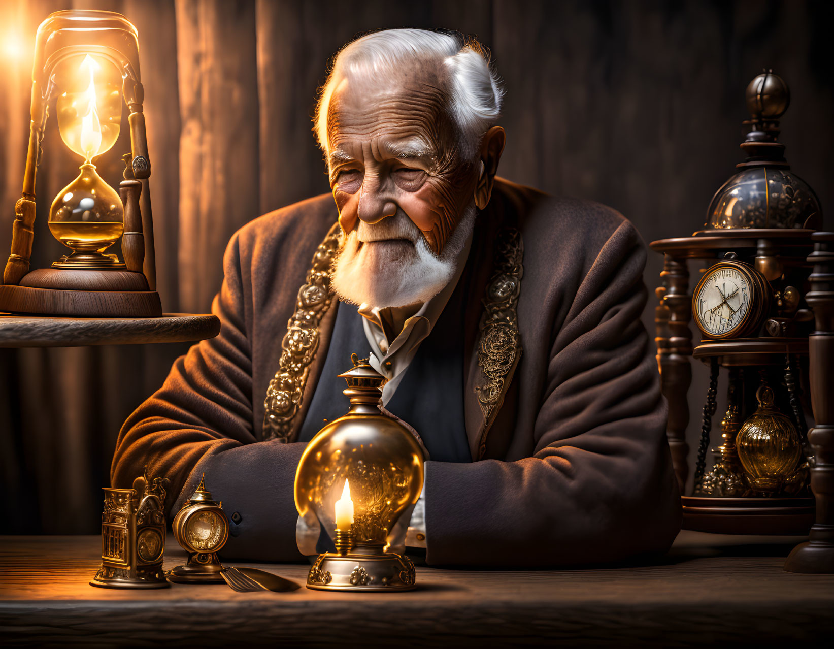 Elderly man with white beard at table with oil lamp, bulb, and vintage clocks