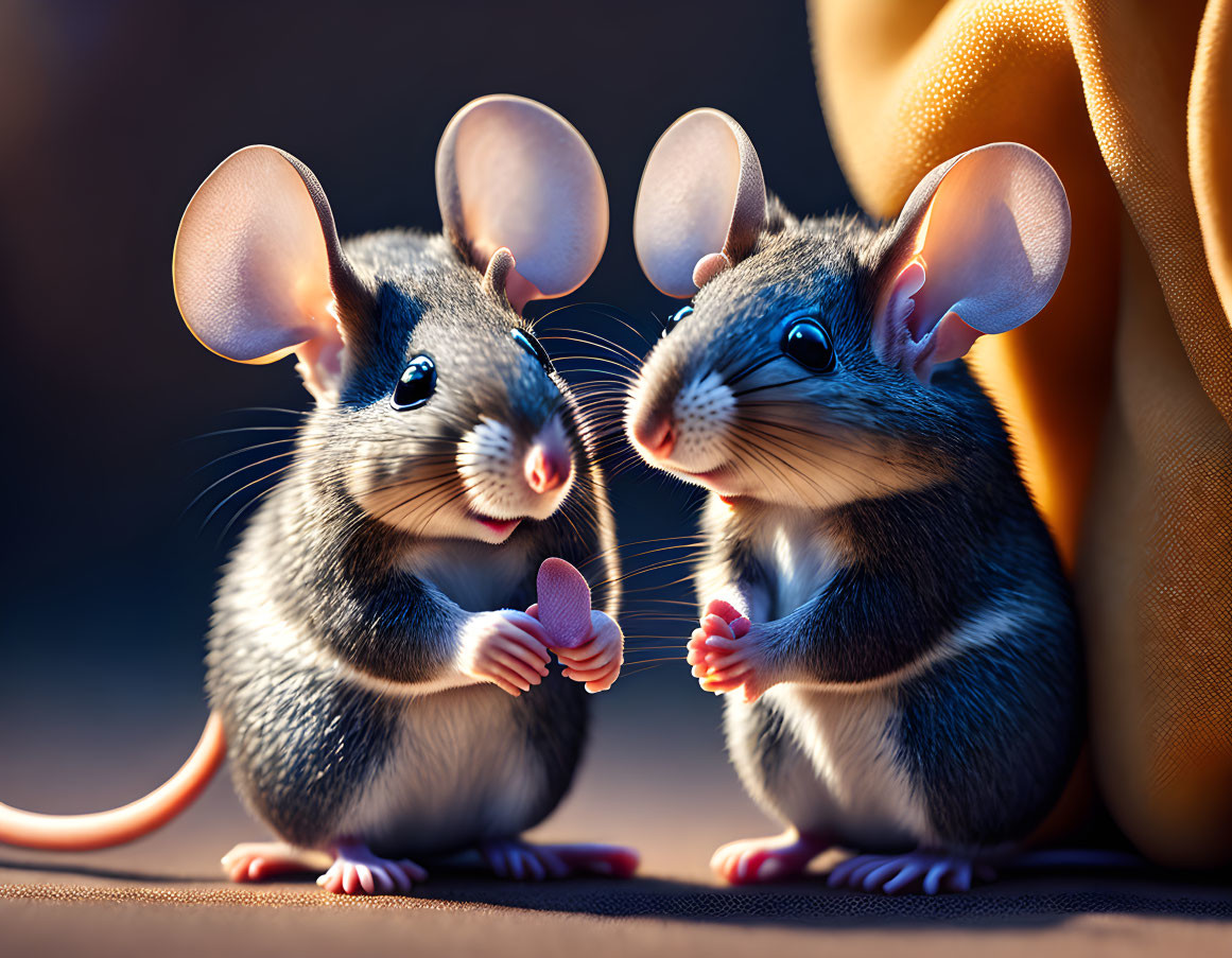 Animated mice with large ears conversing and gesturing attentively.