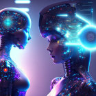 Futuristic androids with intricate head circuitry on blue-lit background