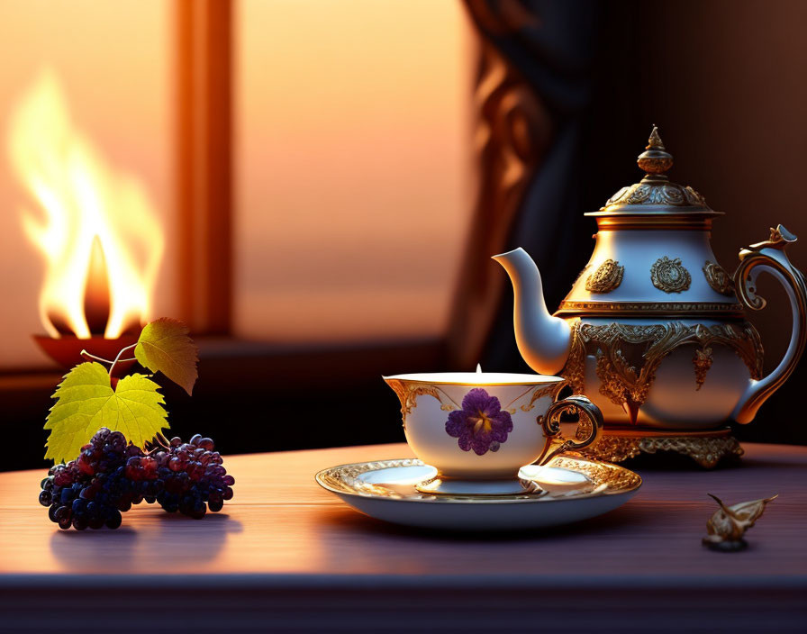 Teapot and Cup Set with Grapes on Table at Sunset