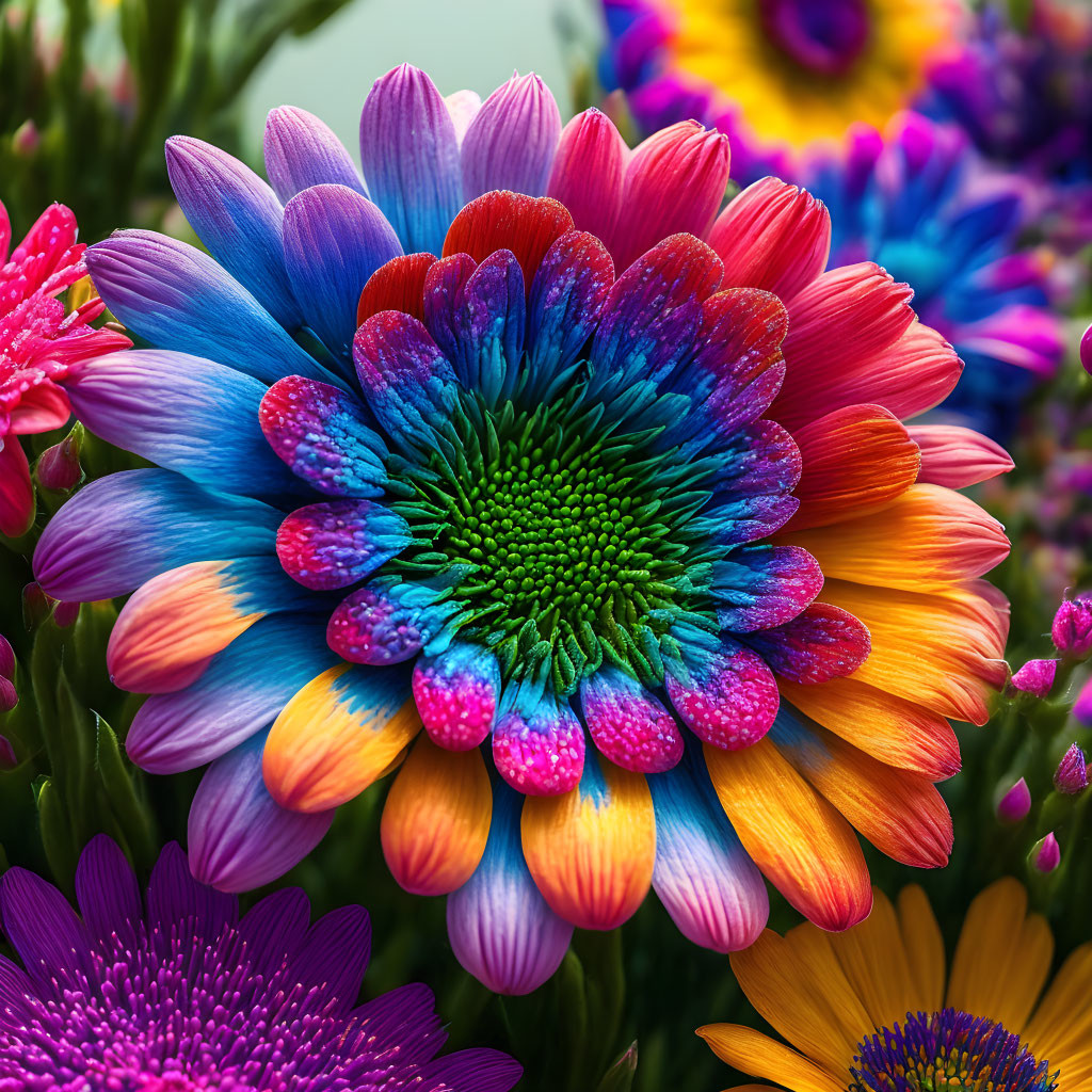 Colorful Daisy with Blue-to-Purple Gradient Petals and Water Droplets